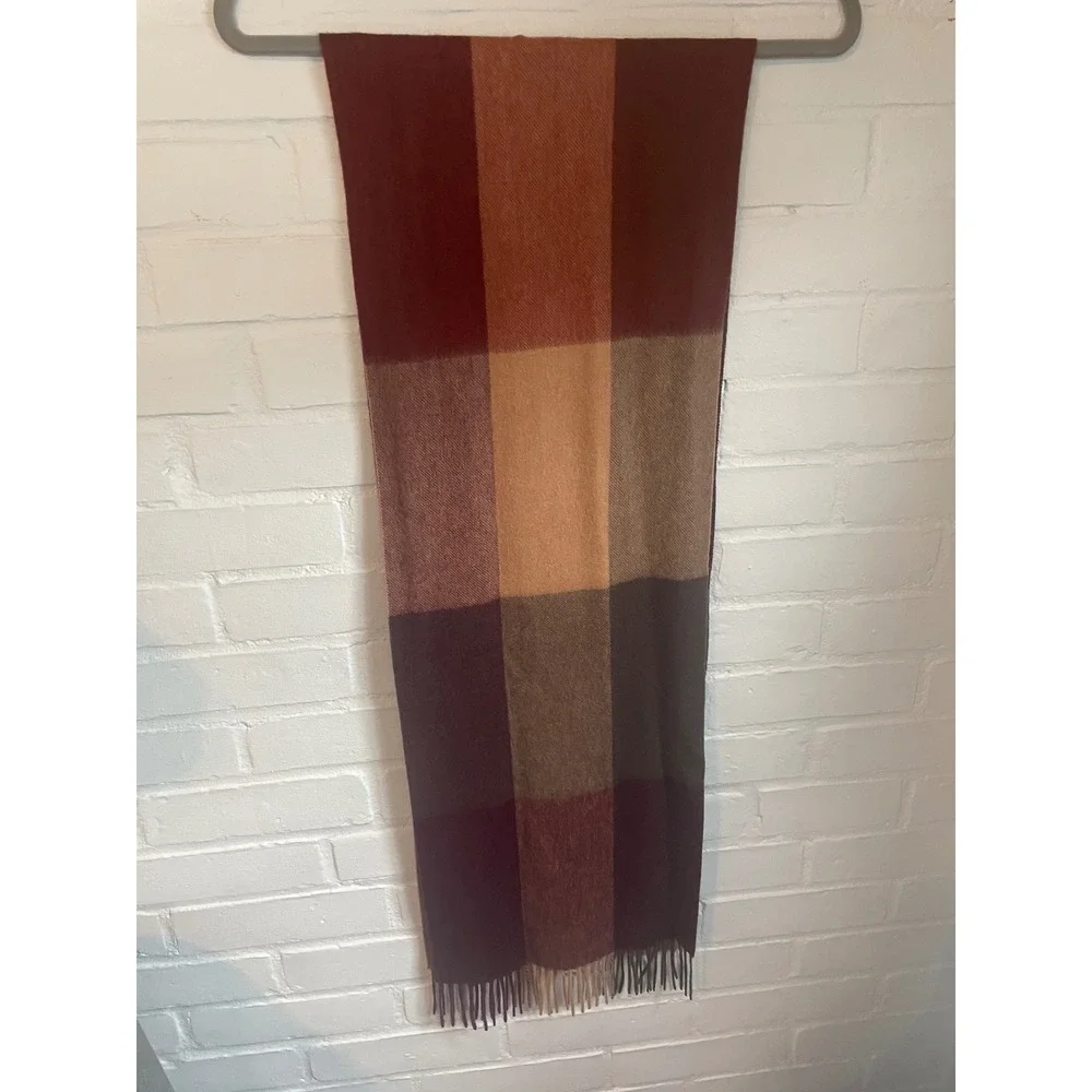 M S Mens Camel Mix Plaid Wool Blend Scarf Fringed Winter Fall Warm Accessory NEW